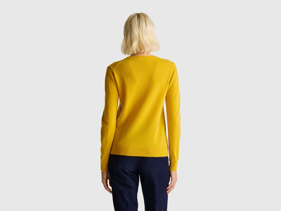 ocher yellow crew neck cardigan in pure merino wool