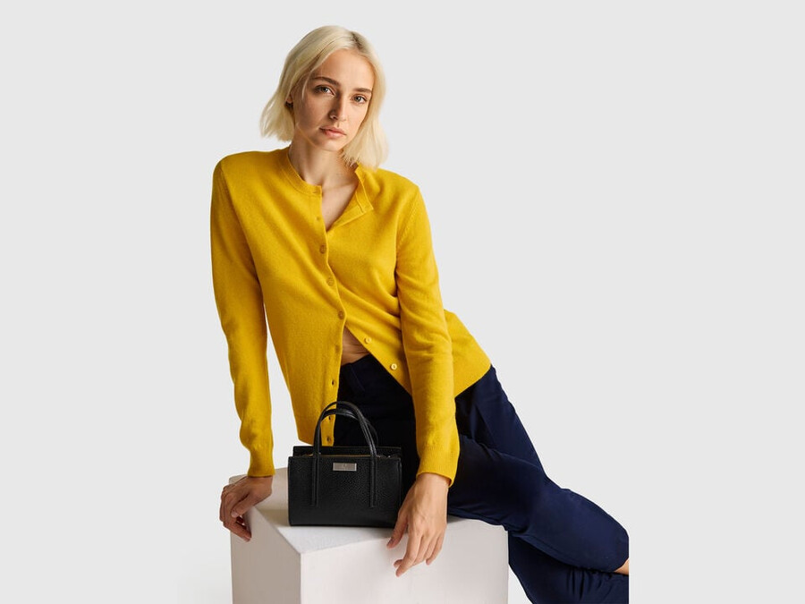 ocher yellow crew neck cardigan in pure merino wool