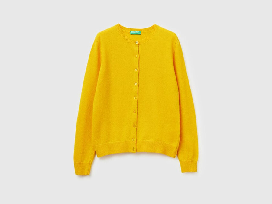 ocher yellow crew neck cardigan in pure merino wool