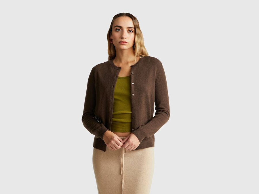brown crew neck cardigan in pure merino wool
