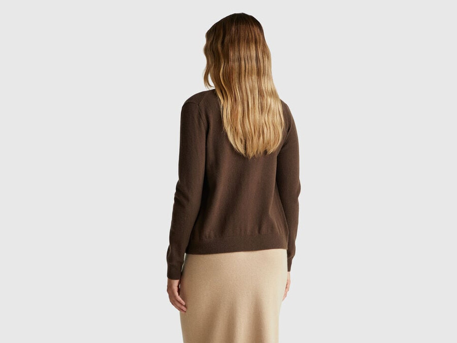 brown crew neck cardigan in pure merino wool