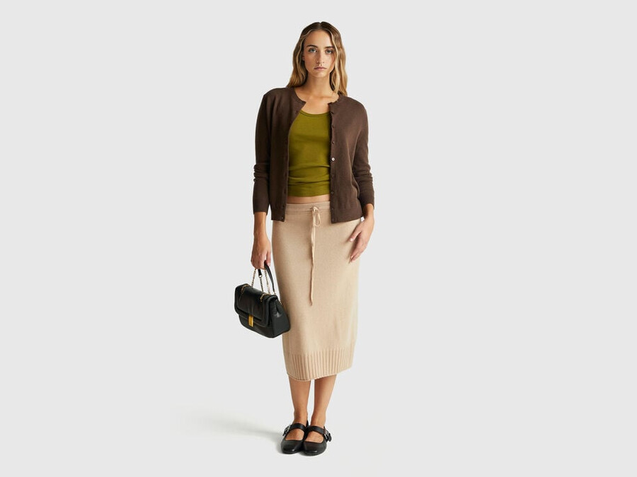 brown crew neck cardigan in pure merino wool