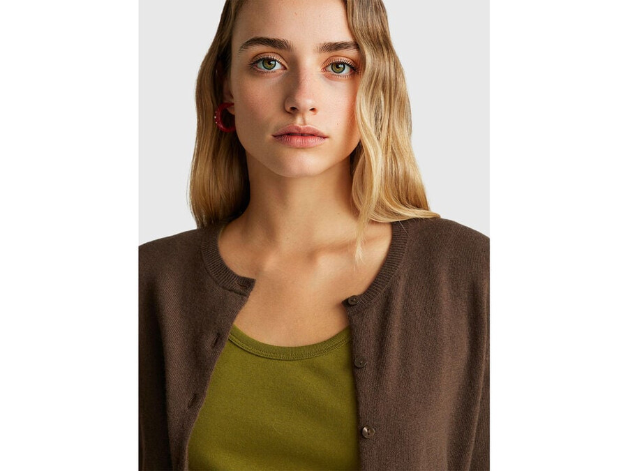 brown crew neck cardigan in pure merino wool