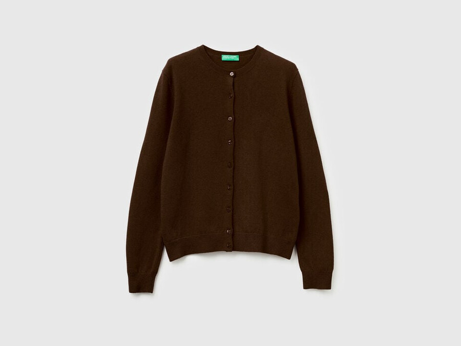 brown crew neck cardigan in pure merino wool