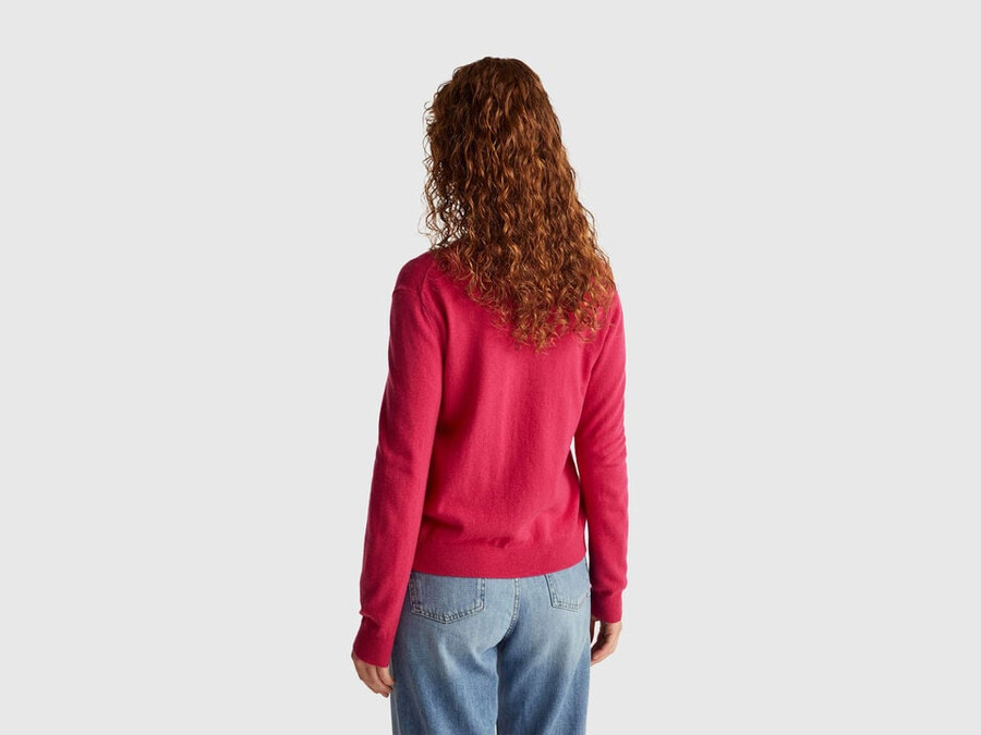 fuchsia crew neck cardigan in pure merino wool