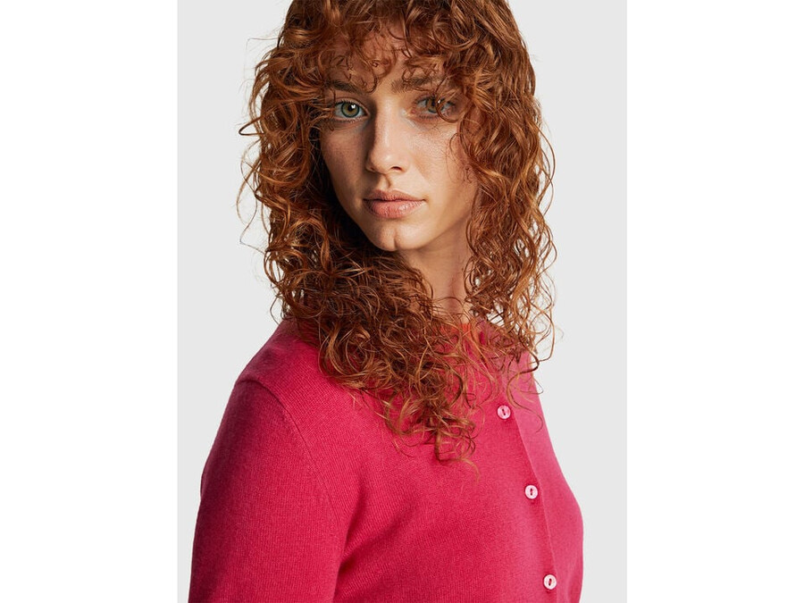 fuchsia crew neck cardigan in pure merino wool