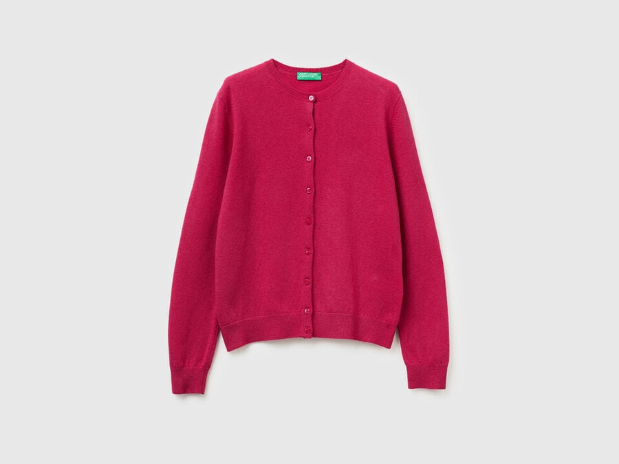 fuchsia crew neck cardigan in pure merino wool