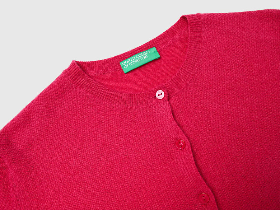 fuchsia crew neck cardigan in pure merino wool