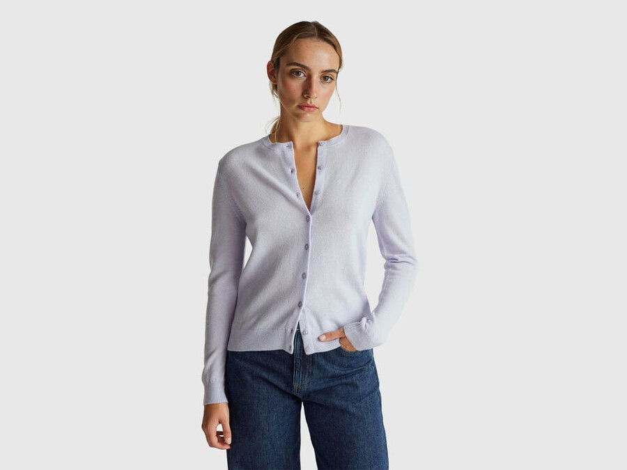 lilac crew neck cardigan in pure merino wool
