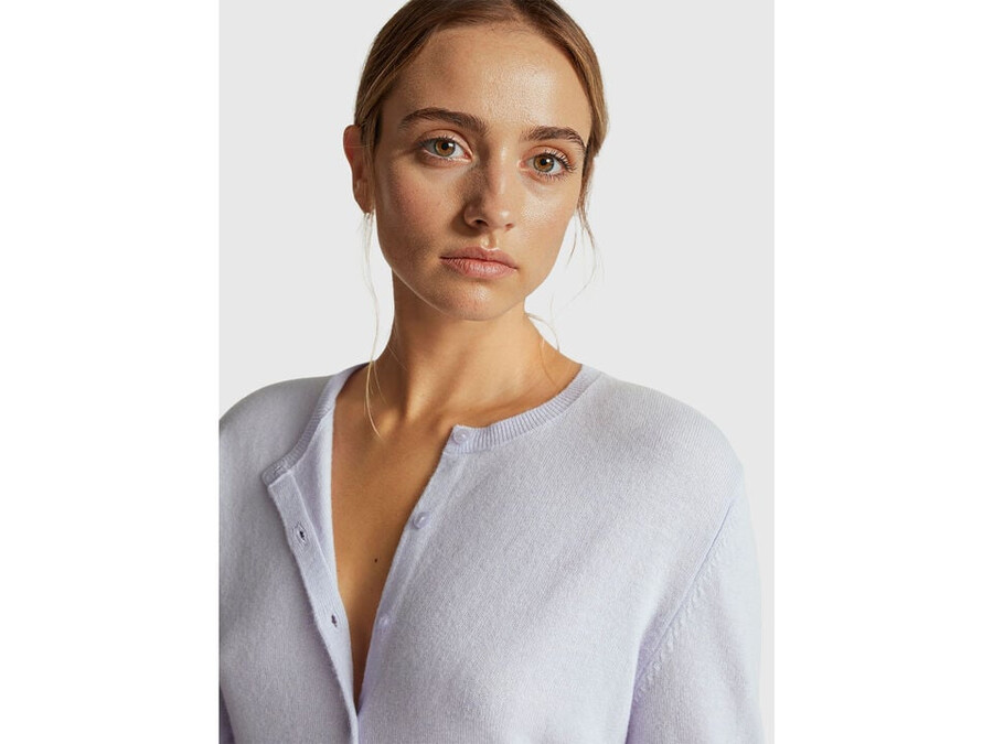 lilac crew neck cardigan in pure merino wool