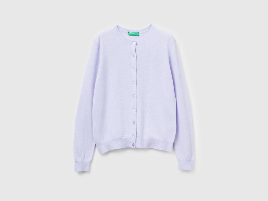 lilac crew neck cardigan in pure merino wool