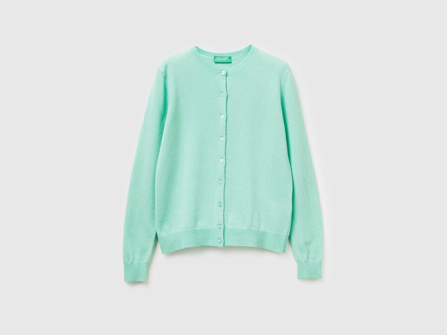 light green crew neck cardigan in pure merino wool