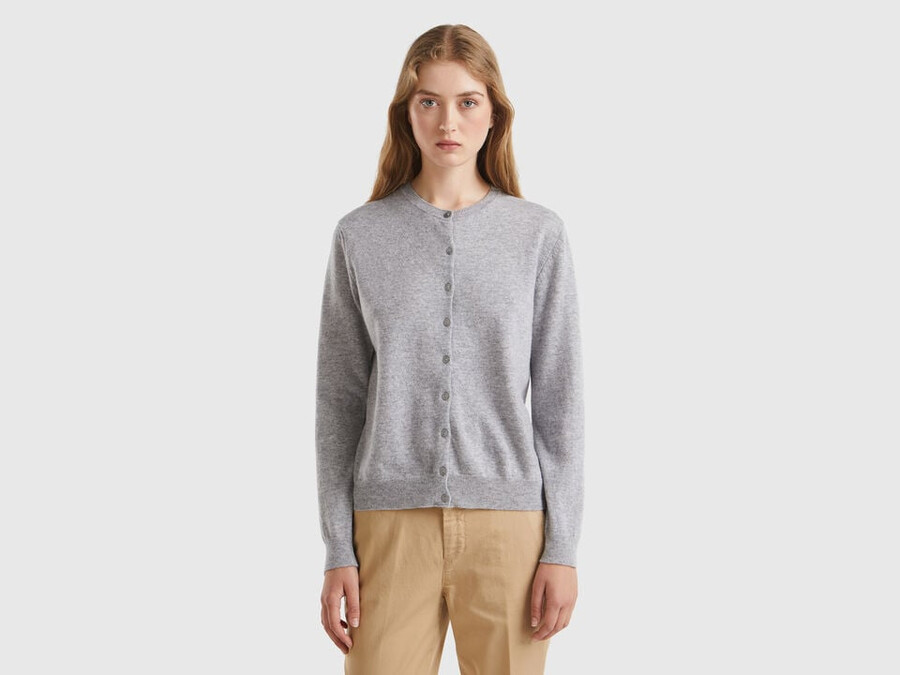 marl gray crew neck cardigan in pure merino wool