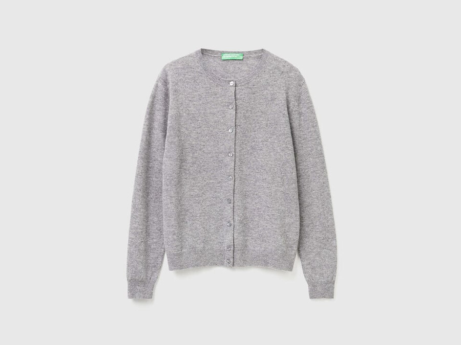 marl gray crew neck cardigan in pure merino wool