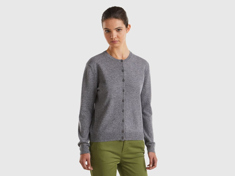 mouse gray crew neck cardigan in pure merino wool
