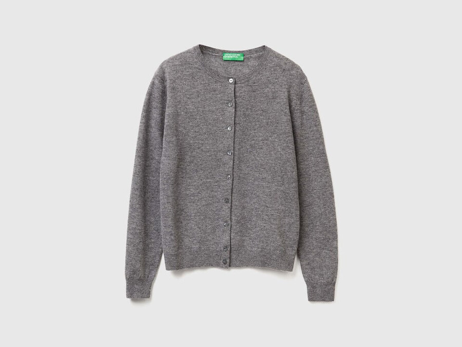 mouse gray crew neck cardigan in pure merino wool