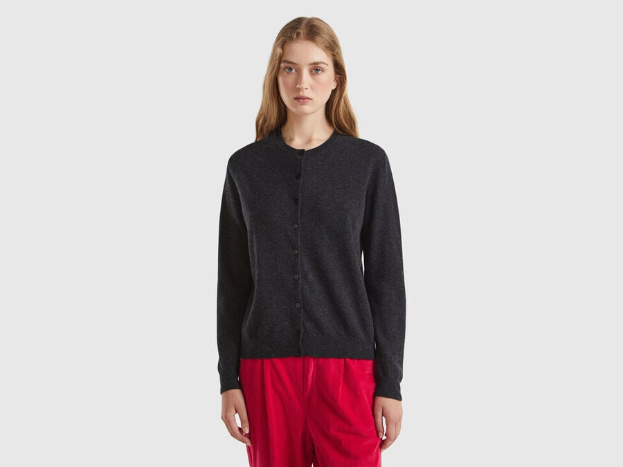 dark gray crew neck cardigan in pure merino wool