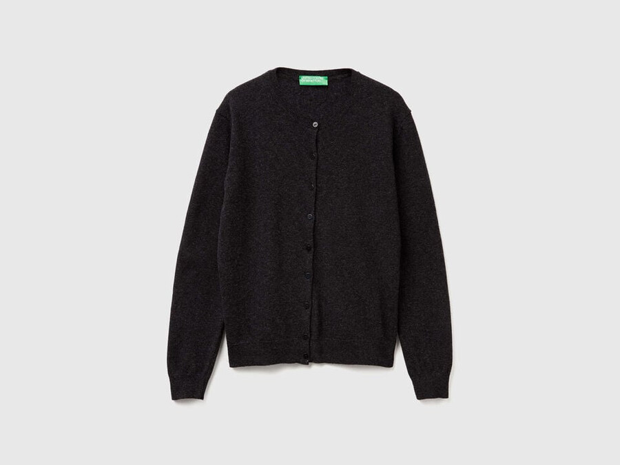 dark gray crew neck cardigan in pure merino wool
