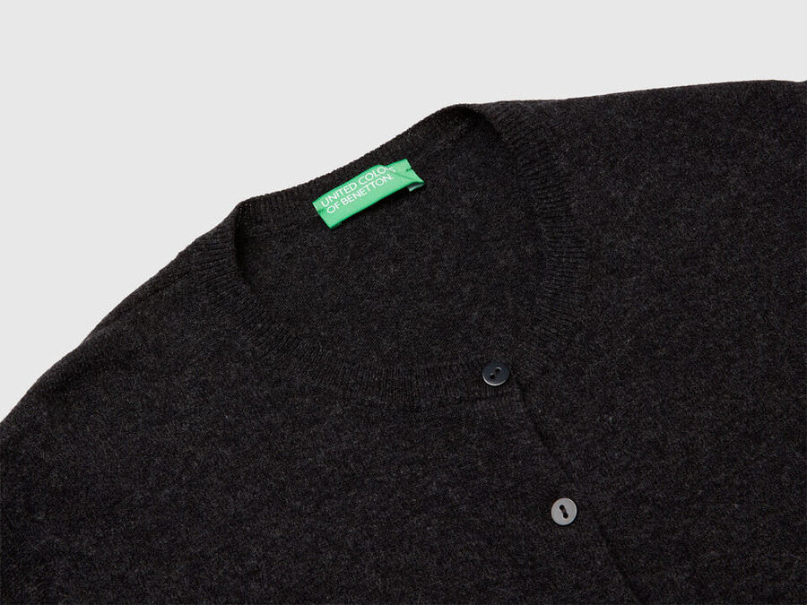 dark gray crew neck cardigan in pure merino wool