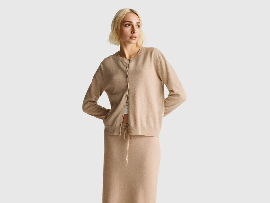 beige crew neck cardigan in pure merino wool