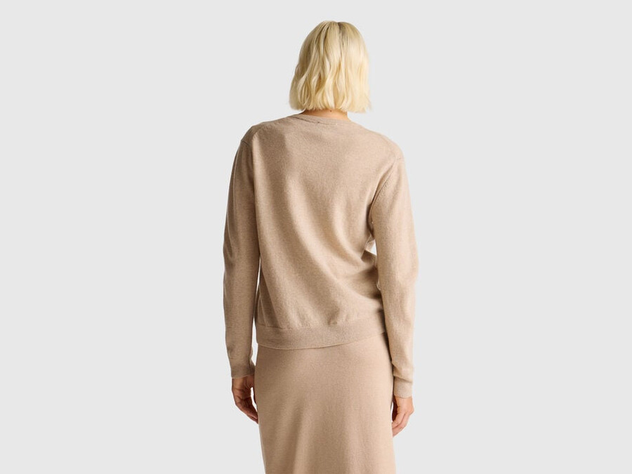 beige crew neck cardigan in pure merino wool