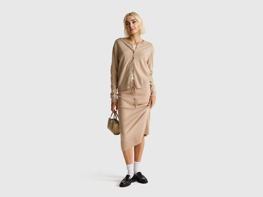 beige crew neck cardigan in pure merino wool
