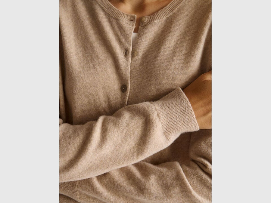 beige crew neck cardigan in pure merino wool
