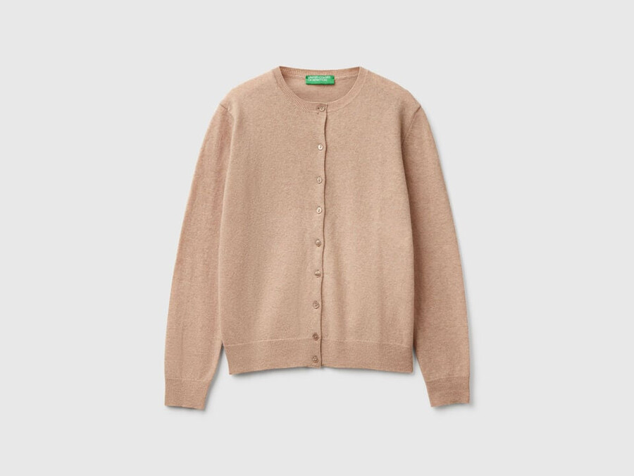 beige crew neck cardigan in pure merino wool