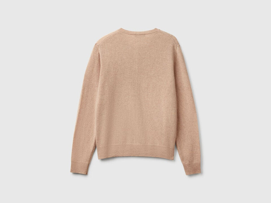 beige crew neck cardigan in pure merino wool