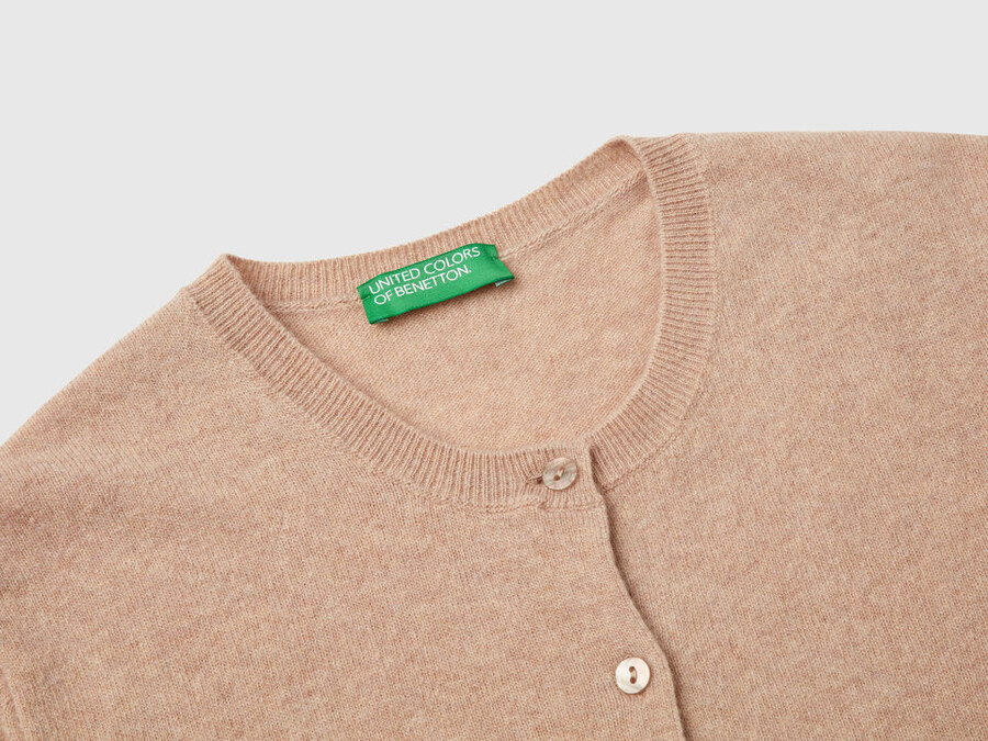 beige crew neck cardigan in pure merino wool