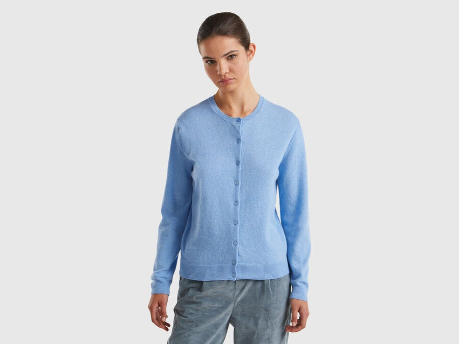 light blue crew neck cardigan in pure merino wool
