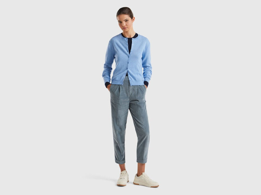 light blue crew neck cardigan in pure merino wool