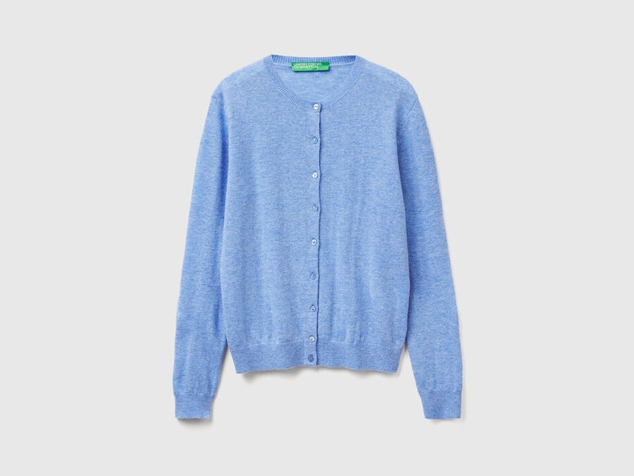 light blue crew neck cardigan in pure merino wool