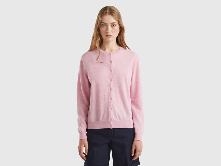 pink crew neck cardigan in pure merino wool