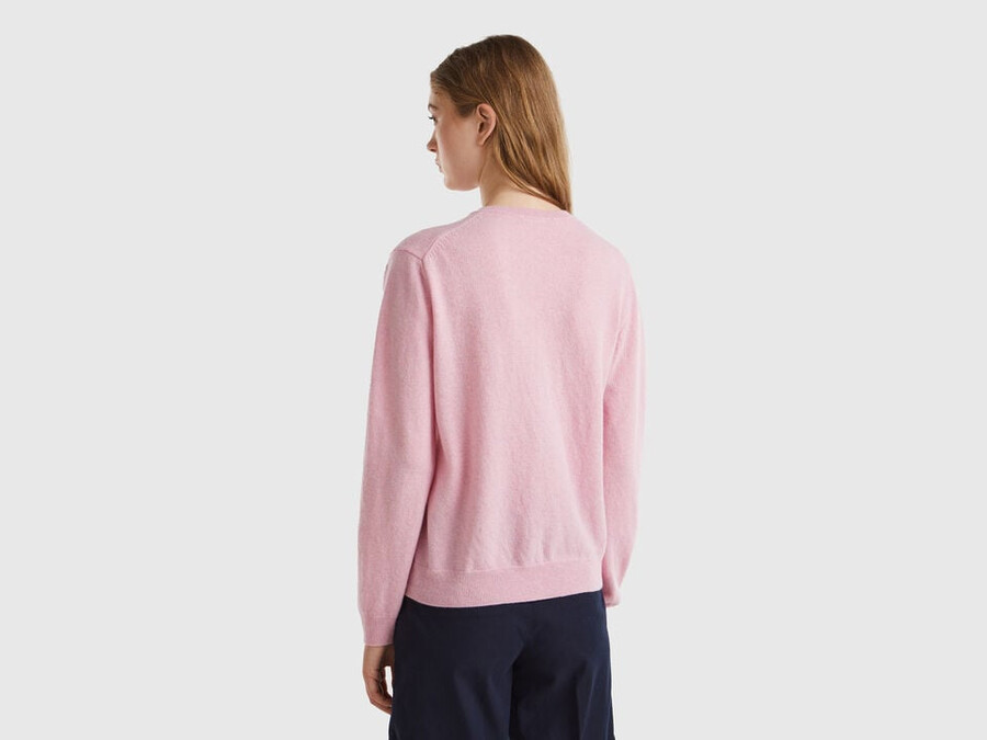 pink crew neck cardigan in pure merino wool