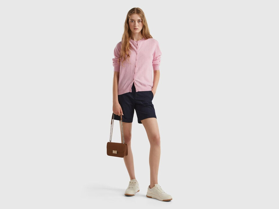 pink crew neck cardigan in pure merino wool