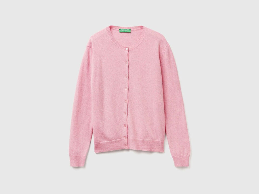 pink crew neck cardigan in pure merino wool