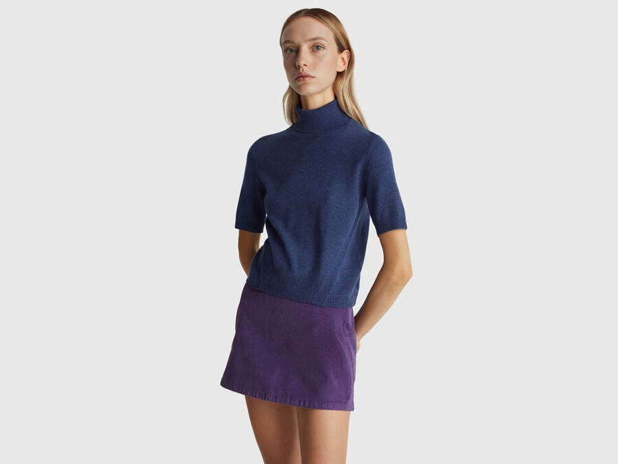 air force blue short sleeve turtleneck in cashmere blend